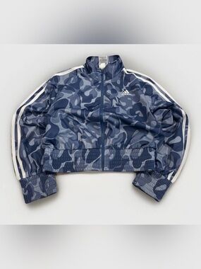 Girls Adidas Cropped Track Jacket Size Large (14) Blue Camo Trefoil Striped